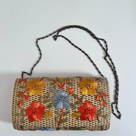 Anthropologie Garden Route Clutch Floral Raffia Embroidered Woven Purse Bag - Picture 10 of 12